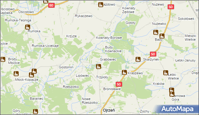 mapa Grabówiec gmina Ojrzeń, Grabówiec gmina Ojrzeń na mapie Targeo