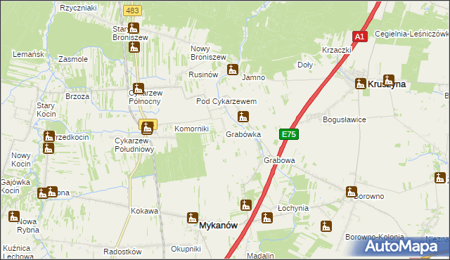 mapa Grabówka gmina Mykanów, Grabówka gmina Mykanów na mapie Targeo