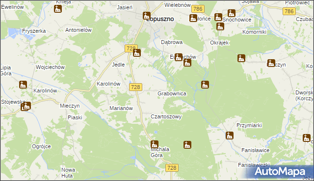 mapa Grabownica gmina Łopuszno, Grabownica gmina Łopuszno na mapie Targeo