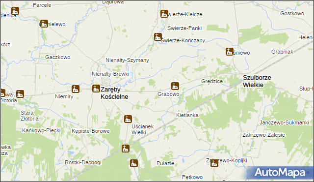 mapa Grabowo gmina Zaręby Kościelne, Grabowo gmina Zaręby Kościelne na mapie Targeo