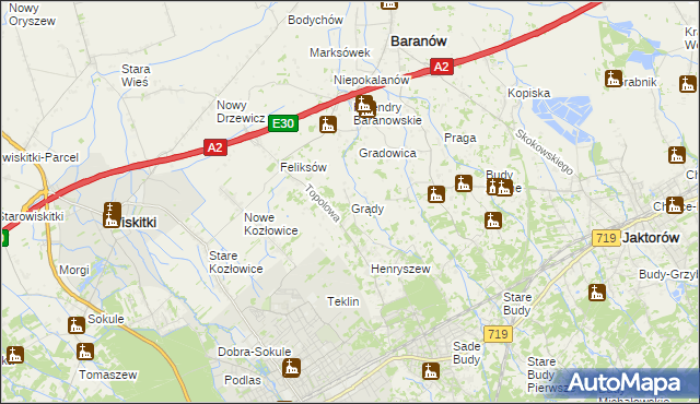 mapa Grądy gmina Jaktorów, Grądy gmina Jaktorów na mapie Targeo