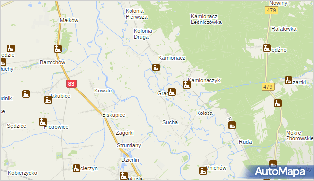 mapa Grądy gmina Sieradz, Grądy gmina Sieradz na mapie Targeo