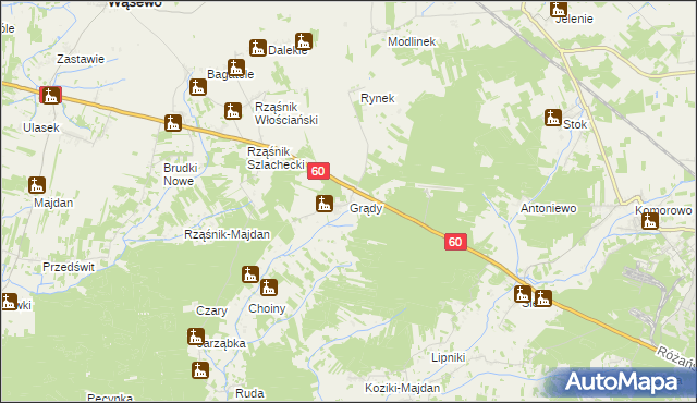 mapa Grądy gmina Wąsewo, Grądy gmina Wąsewo na mapie Targeo