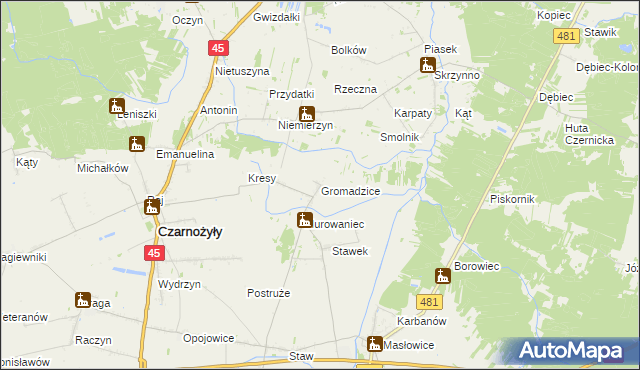 mapa Gromadzice gmina Czarnożyły, Gromadzice gmina Czarnożyły na mapie Targeo