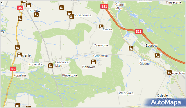 mapa Gronowice gmina Lasowice Wielkie, Gronowice gmina Lasowice Wielkie na mapie Targeo