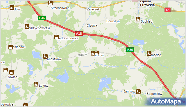 mapa Grotów gmina Lipinki Łużyckie, Grotów gmina Lipinki Łużyckie na mapie Targeo