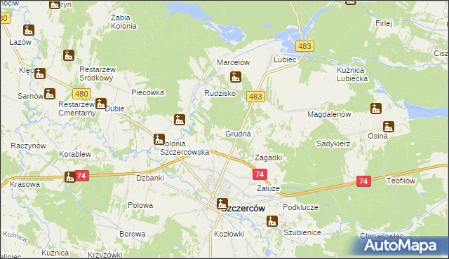 mapa Grudna gmina Szczerców, Grudna gmina Szczerców na mapie Targeo