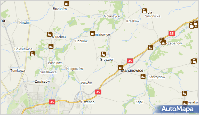 mapa Gruszów gmina Marcinowice, Gruszów gmina Marcinowice na mapie Targeo