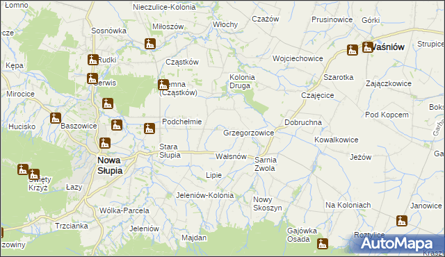 mapa Grzegorzowice gmina Waśniów, Grzegorzowice gmina Waśniów na mapie Targeo