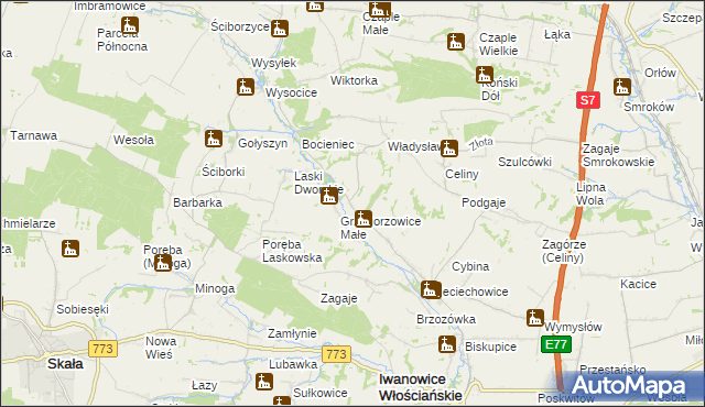 mapa Grzegorzowice Wielkie, Grzegorzowice Wielkie na mapie Targeo