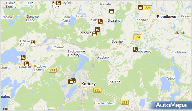 mapa Grzybno gmina Kartuzy, Grzybno gmina Kartuzy na mapie Targeo