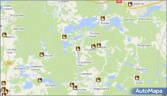 mapa Grzybowo gmina Kościerzyna, Grzybowo gmina Kościerzyna na mapie Targeo