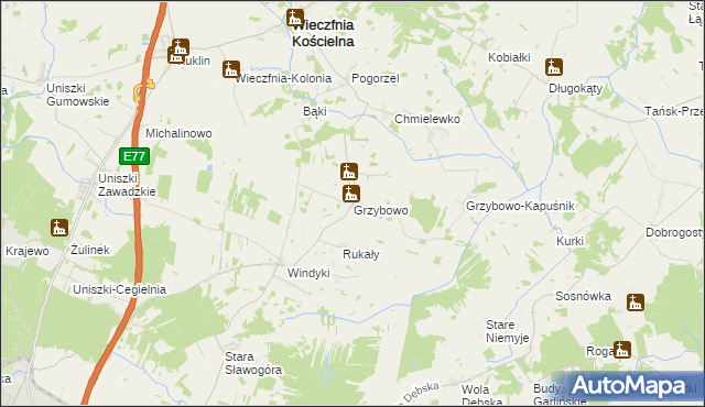 mapa Grzybowo gmina Wieczfnia Kościelna, Grzybowo gmina Wieczfnia Kościelna na mapie Targeo