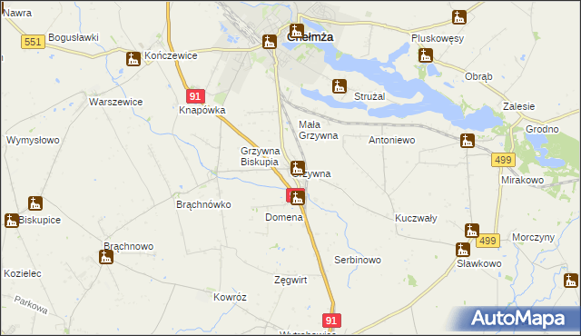 mapa Grzywna gmina Chełmża, Grzywna gmina Chełmża na mapie Targeo