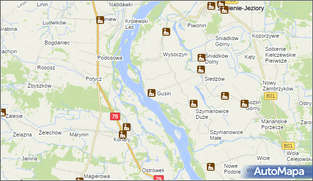 mapa Gusin gmina Sobienie-Jeziory, Gusin gmina Sobienie-Jeziory na mapie Targeo