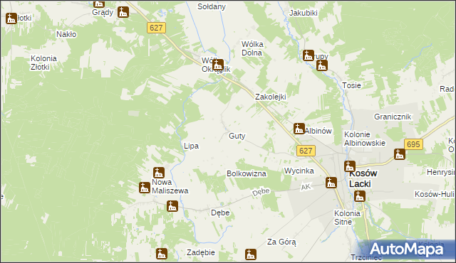 mapa Guty gmina Kosów Lacki, Guty gmina Kosów Lacki na mapie Targeo