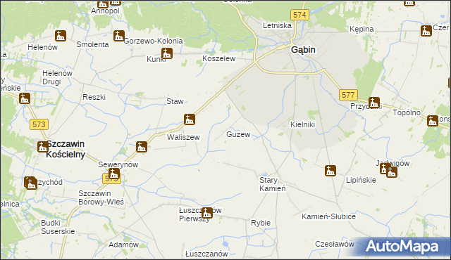 mapa Guzew gmina Gąbin, Guzew gmina Gąbin na mapie Targeo