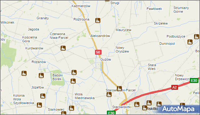 mapa Guzów gmina Wiskitki, Guzów gmina Wiskitki na mapie Targeo