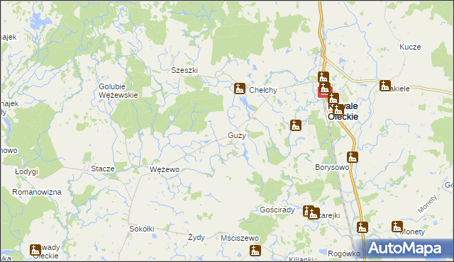 mapa Guzy gmina Kowale Oleckie, Guzy gmina Kowale Oleckie na mapie Targeo