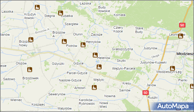 mapa Helenów gmina Młodzieszyn, Helenów gmina Młodzieszyn na mapie Targeo