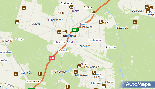 mapa Henryków gmina Lubochnia, Henryków gmina Lubochnia na mapie Targeo