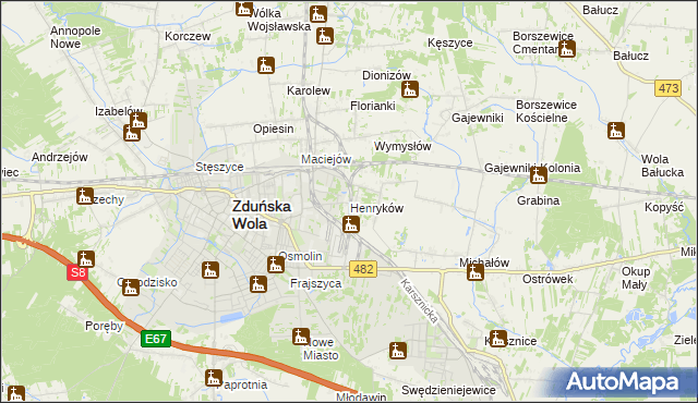 mapa Henryków gmina Zduńska Wola, Henryków gmina Zduńska Wola na mapie Targeo