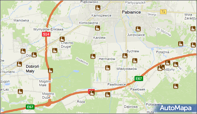 mapa Hermanów gmina Pabianice, Hermanów gmina Pabianice na mapie Targeo