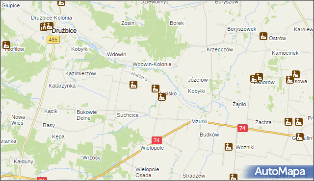 mapa Hucisko gmina Drużbice, Hucisko gmina Drużbice na mapie Targeo