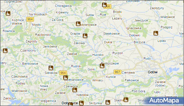mapa Hucisko gmina Gdów, Hucisko gmina Gdów na mapie Targeo