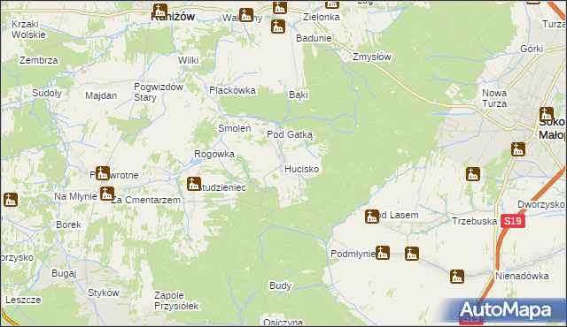 mapa Hucisko gmina Głogów Małopolski, Hucisko gmina Głogów Małopolski na mapie Targeo