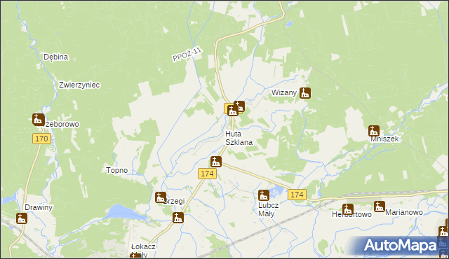 mapa Huta Szklana gmina Krzyż Wielkopolski, Huta Szklana gmina Krzyż Wielkopolski na mapie Targeo