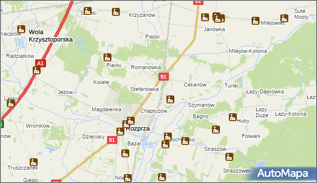 mapa Ignaców gmina Rozprza, Ignaców gmina Rozprza na mapie Targeo