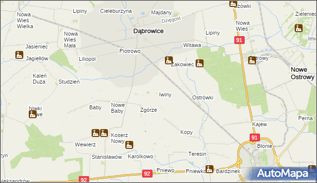 mapa Iwiny gmina Dąbrowice, Iwiny gmina Dąbrowice na mapie Targeo