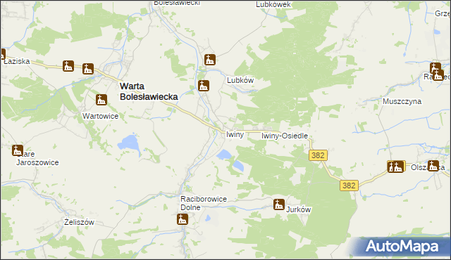 mapa Iwiny gmina Warta Bolesławiecka, Iwiny gmina Warta Bolesławiecka na mapie Targeo