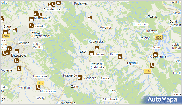 mapa Jabłonka gmina Dydnia, Jabłonka gmina Dydnia na mapie Targeo