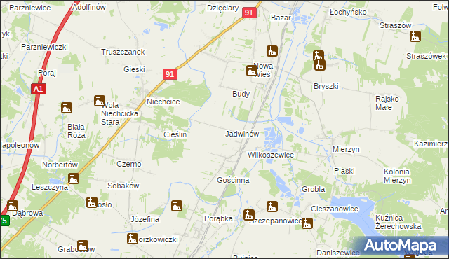 mapa Jadwinów gmina Gorzkowice, Jadwinów gmina Gorzkowice na mapie Targeo