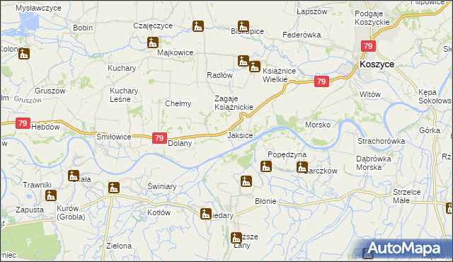 mapa Jaksice gmina Koszyce, Jaksice gmina Koszyce na mapie Targeo