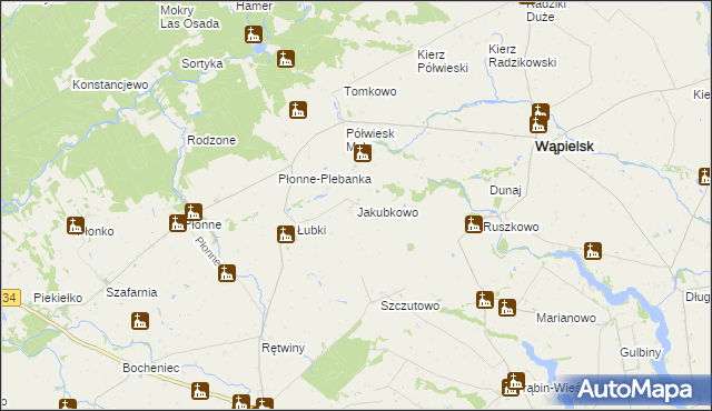 mapa Jakubkowo gmina Radomin, Jakubkowo gmina Radomin na mapie Targeo