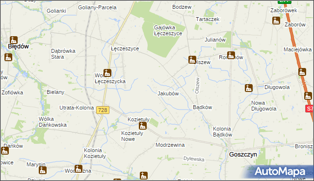 mapa Jakubów gmina Goszczyn, Jakubów gmina Goszczyn na mapie Targeo