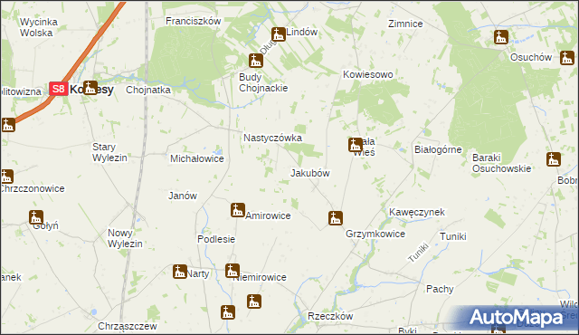 mapa Jakubów gmina Kowiesy, Jakubów gmina Kowiesy na mapie Targeo