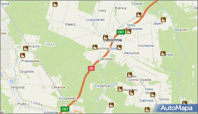 mapa Jakubów gmina Lubochnia, Jakubów gmina Lubochnia na mapie Targeo