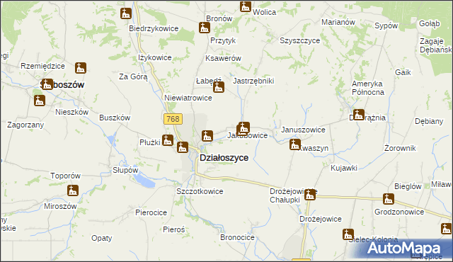 mapa Jakubowice gmina Działoszyce, Jakubowice gmina Działoszyce na mapie Targeo