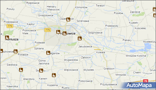 mapa Jakubowice gmina Proszowice, Jakubowice gmina Proszowice na mapie Targeo