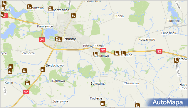 mapa Jakubowo gmina Pniewy, Jakubowo gmina Pniewy na mapie Targeo