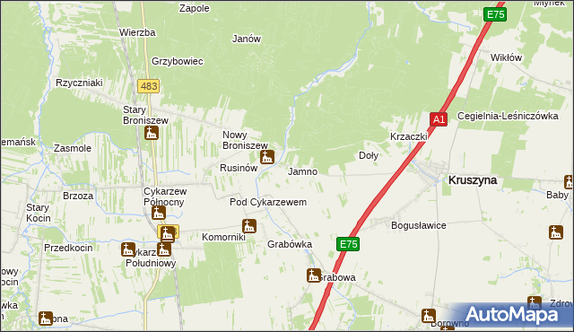 mapa Jamno gmina Mykanów, Jamno gmina Mykanów na mapie Targeo