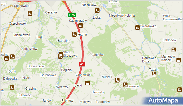 mapa Janinów gmina Brzeziny, Janinów gmina Brzeziny na mapie Targeo