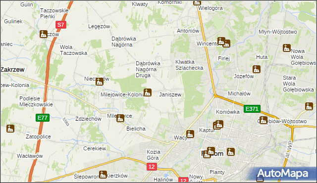 mapa Janiszew gmina Zakrzew, Janiszew gmina Zakrzew na mapie Targeo