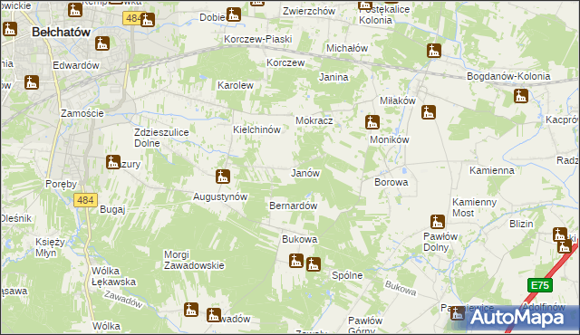 mapa Janów gmina Bełchatów, Janów gmina Bełchatów na mapie Targeo