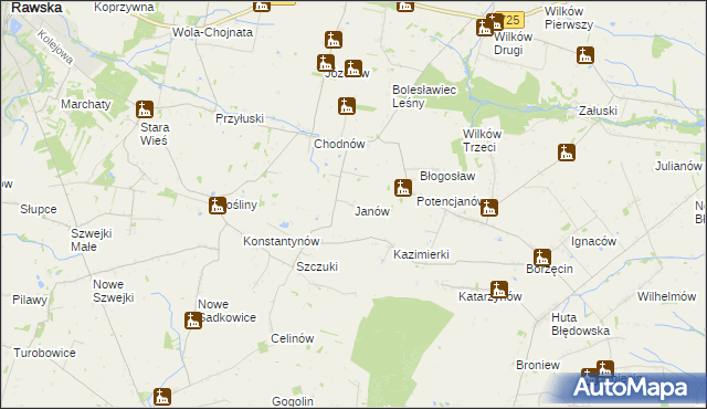 mapa Janów gmina Biała Rawska, Janów gmina Biała Rawska na mapie Targeo