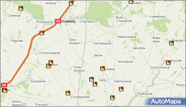 mapa Janów gmina Kowiesy, Janów gmina Kowiesy na mapie Targeo